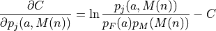\frac{\partial C}{\partial p_j(a,M(n))} = \ln \frac{p_j(a,M(n))}{p_F(a)p_M(M(n))} - C